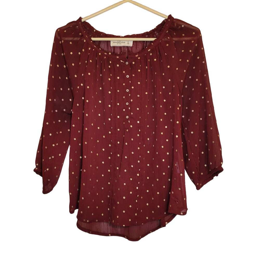 Abercrombie and Fitch maroon red gold polka dots sheer long sleeved top Size S